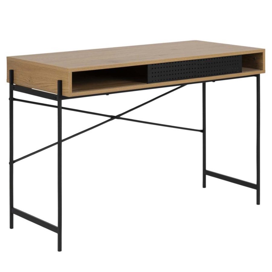 ACT NORDIC Angus Schreibtisch, mit Schiebetür - Naturpapier Wildeiche und schwarzes Metall (110x50)