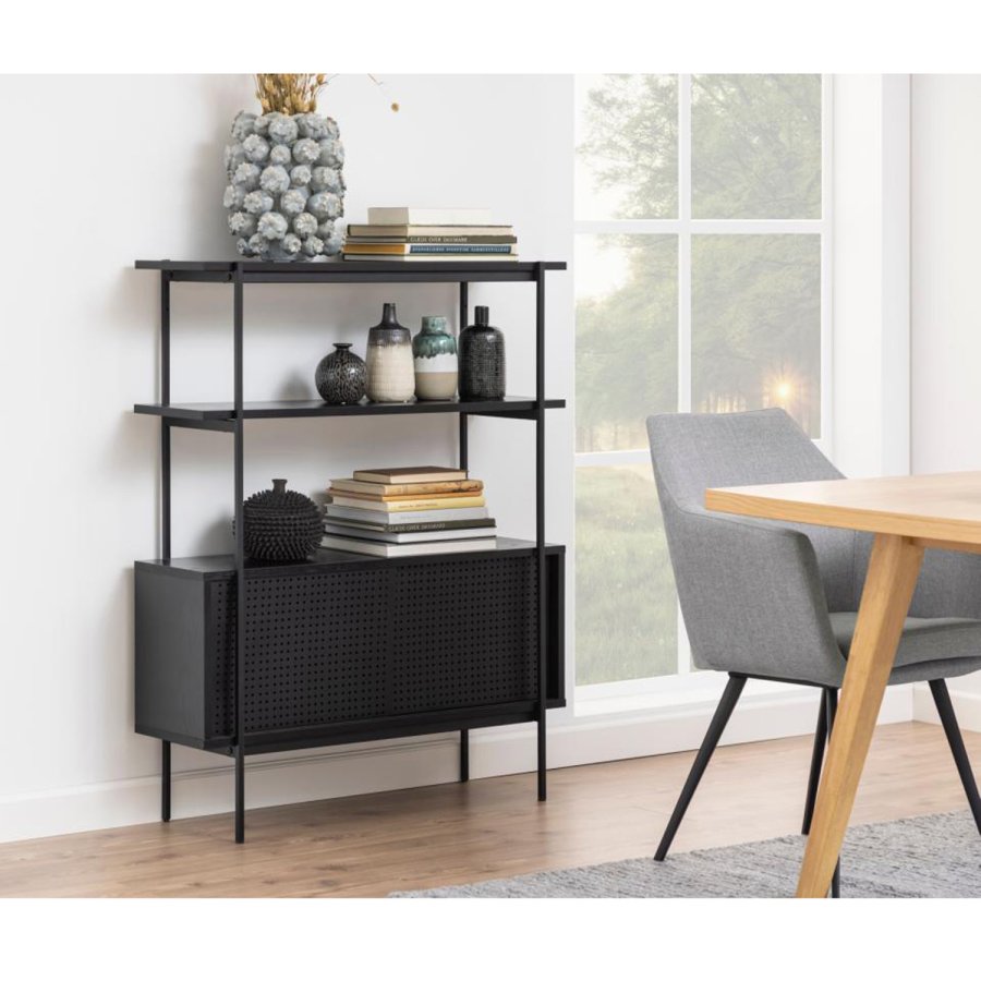 ACT NORDIC Angus reol, m. 2 skydelger - sort melamin og sort metal(H:113,8cm x94cm x 27cm)