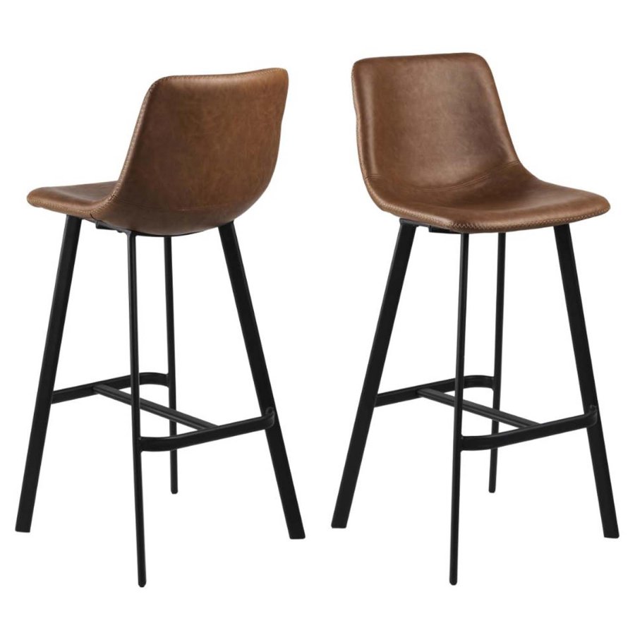 ACT NORDIC Oregon Barhocker, mit Rückenlehne und Fußstütze – Cognac-PU und schwarzes Metall