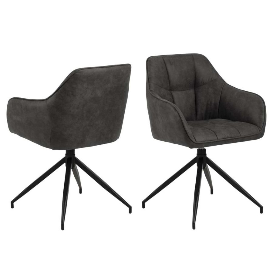 ACT NORDIC Brenda Esszimmerstuhl mit Armlehnen und Drehfunktion – anthrazitgraues Polyester und schwarzes Metall