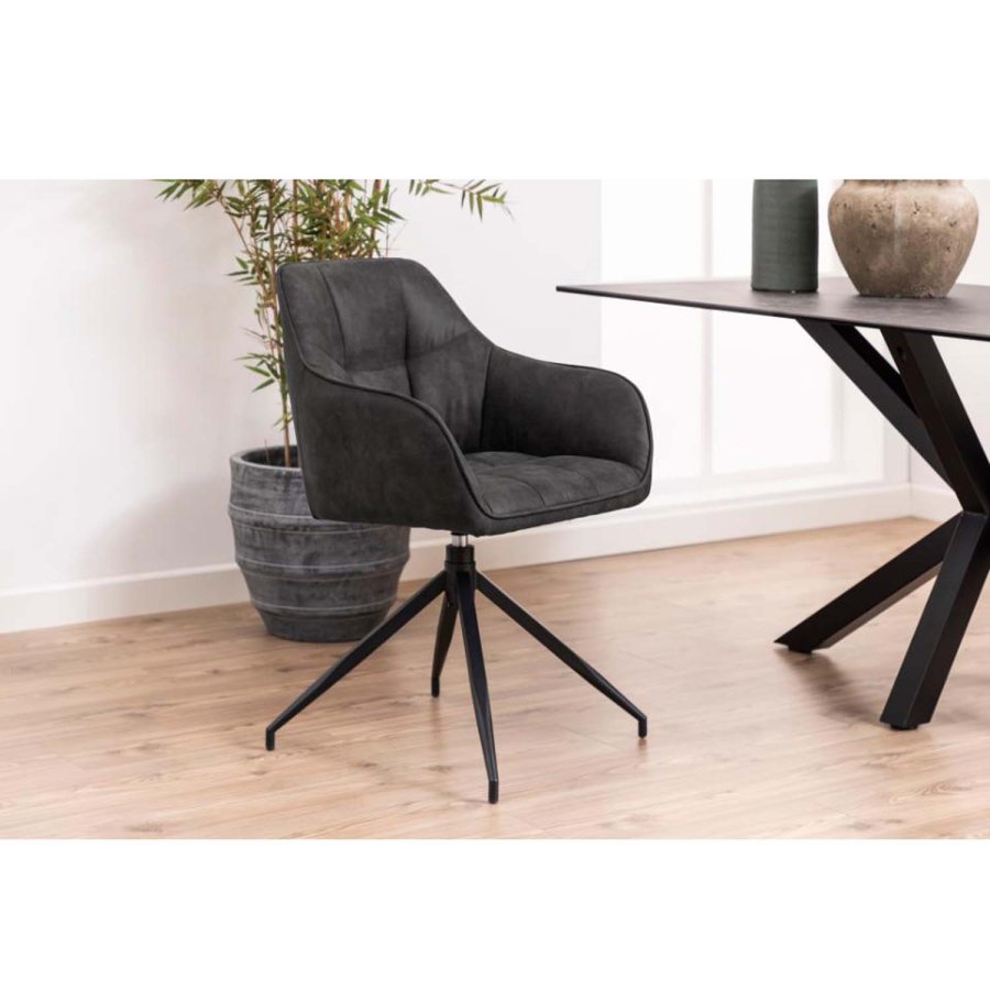 ACT NORDIC Brenda Esszimmerstuhl mit Armlehnen und Drehfunktion – anthrazitgraues Polyester und schwarzes Metall