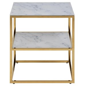 ACT NORDIC Alisma sengebord, m. hylde - hvid marmorprint glas og guld metal (45x40)