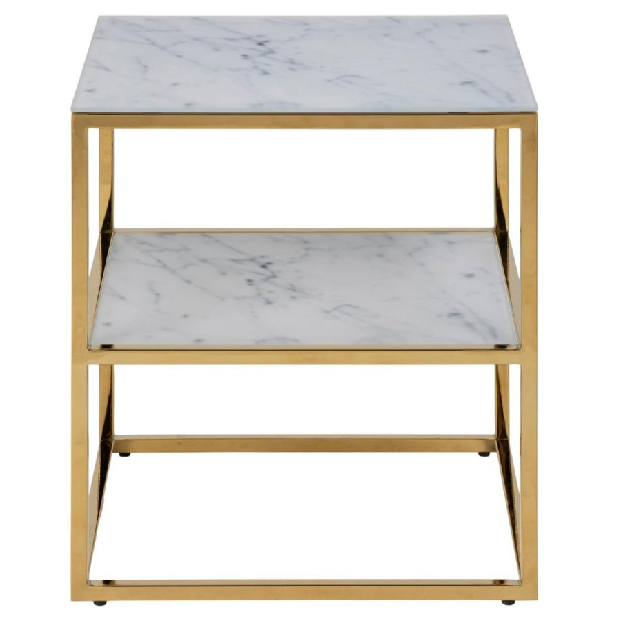 ACT NORDIC Alisma sengebord, m. hylde - hvid marmorprint glas og guld metal (45x40)