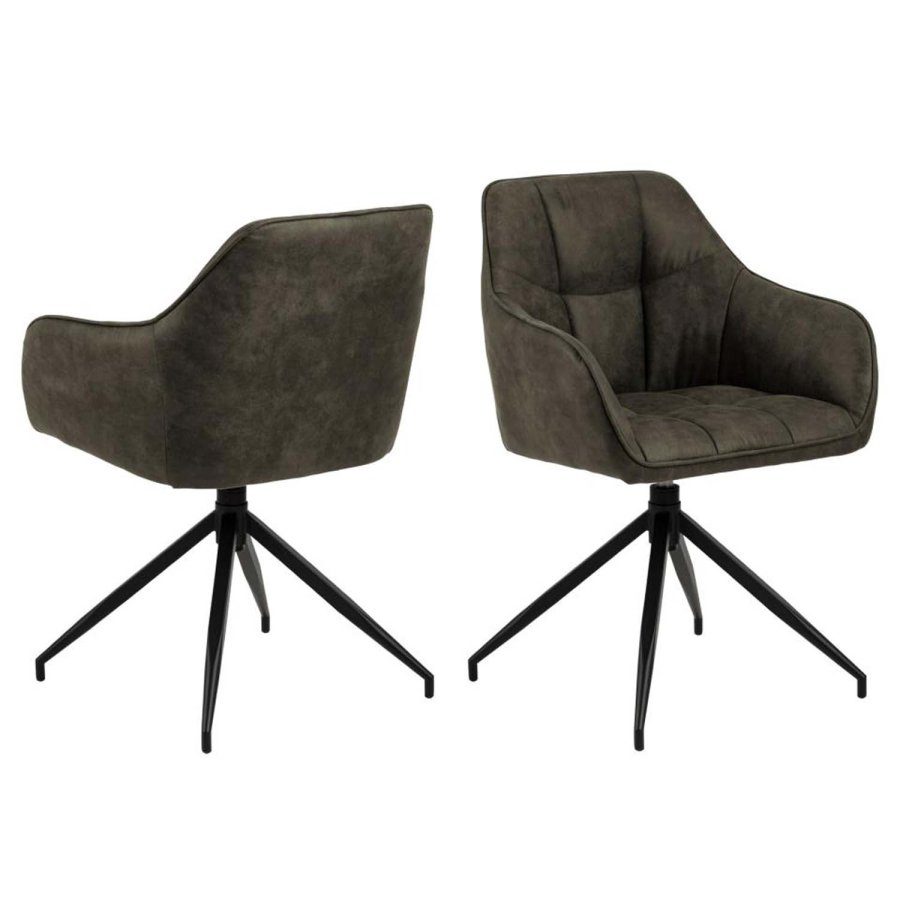 ACT NORDIC Brenda Esszimmerstuhl, mit Armlehnen und Drehfunktion – olivgrünes Polyester und schwarzes Metall