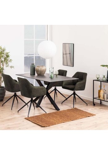 ACT NORDIC Brenda Esszimmerstuhl, mit Armlehnen und Drehfunktion – olivgrünes Polyester und schwarzes Metall