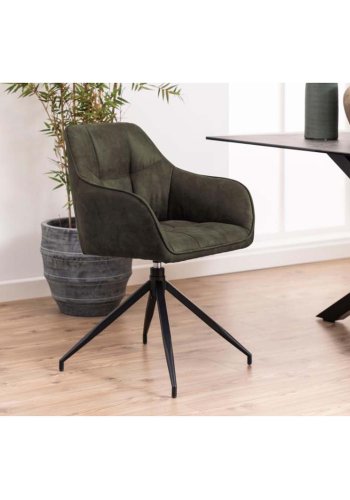 ACT NORDIC Brenda Esszimmerstuhl, mit Armlehnen und Drehfunktion – olivgrünes Polyester und schwarzes Metall