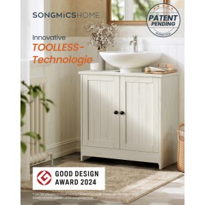 SONGMICS HOME Badev�relsesskab under vask, superhurtig v�rkt�jsfri montering, gulvst�ende opbevaringsskab med vaskefunktion, justerbar hylde, til h�ndvaske med/uden piedestal, rustik hvid BBC223WJ01