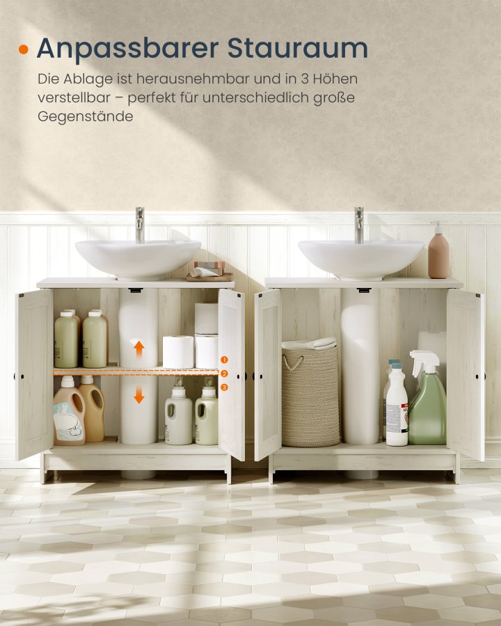 SONGMICS HOME Badev�relsesskab under vask, superhurtig v�rkt�jsfri montering, gulvst�ende opbevaringsskab med vaskefunktion, justerbar hylde, til h�ndvaske med/uden piedestal, rustik hvid BBC223WJ01