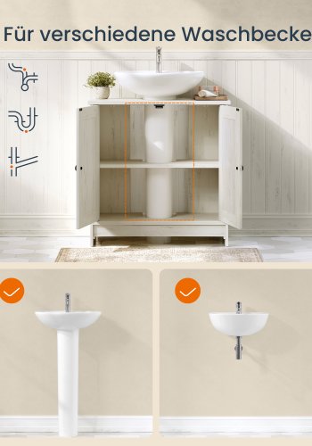 SONGMICS HOME Badev�relsesskab under vask, superhurtig v�rkt�jsfri montering, gulvst�ende opbevaringsskab med vaskefunktion, justerbar hylde, til h�ndvaske med/uden piedestal, rustik hvid BBC223WJ01