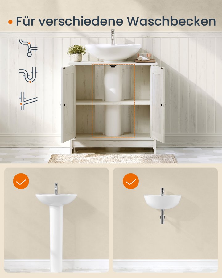 SONGMICS HOME Badev�relsesskab under vask, superhurtig v�rkt�jsfri montering, gulvst�ende opbevaringsskab med vaskefunktion, justerbar hylde, til h�ndvaske med/uden piedestal, rustik hvid BBC223WJ01