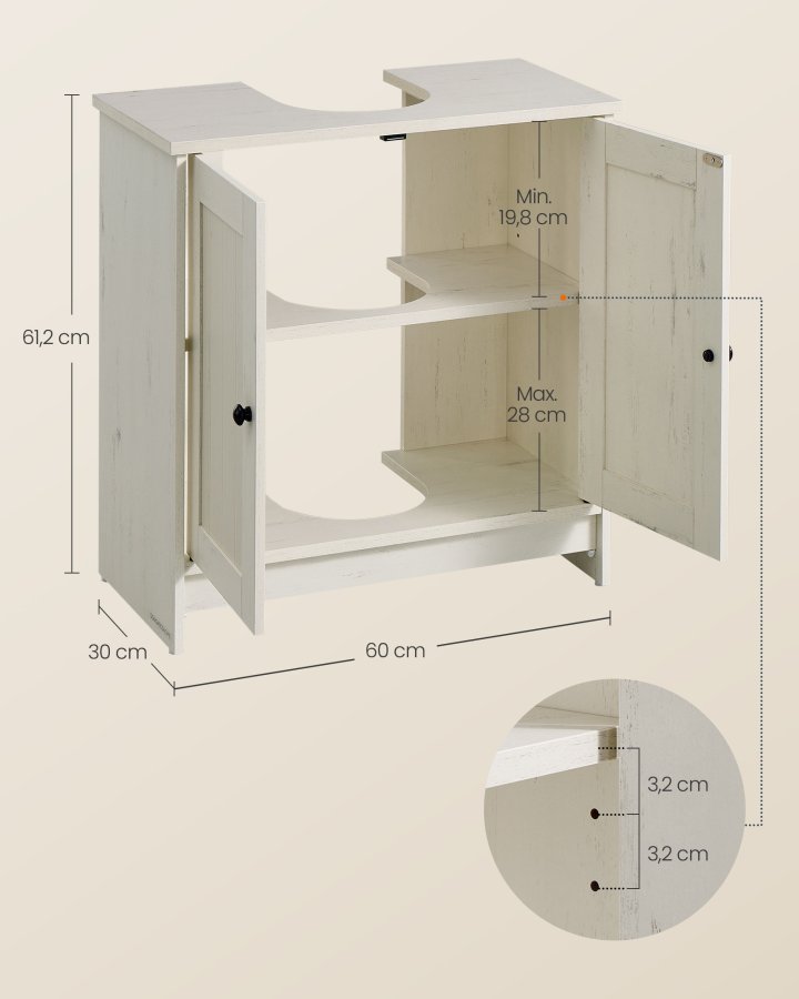 SONGMICS HOME Badev�relsesskab under vask, superhurtig v�rkt�jsfri montering, gulvst�ende opbevaringsskab med vaskefunktion, justerbar hylde, til h�ndvaske med/uden piedestal, rustik hvid BBC223WJ01