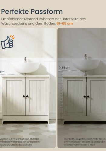 SONGMICS HOME Badev�relsesskab under vask, superhurtig v�rkt�jsfri montering, gulvst�ende opbevaringsskab med vaskefunktion, justerbar hylde, til h�ndvaske med/uden piedestal, rustik hvid BBC223WJ01
