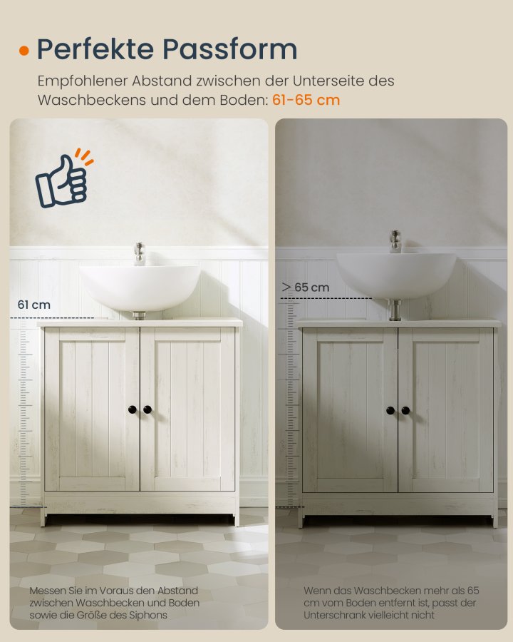 SONGMICS HOME Badev�relsesskab under vask, superhurtig v�rkt�jsfri montering, gulvst�ende opbevaringsskab med vaskefunktion, justerbar hylde, til h�ndvaske med/uden piedestal, rustik hvid BBC223WJ01