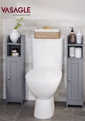 VASAGLE Slim badrumssk�p med d�rr och hyllor, frist�ende badrumsf�rvaringsenhet, smalt badrumssk�p med toalettpappersf�rvaring, justerbara hyllplan, duvgr� BBC310P36