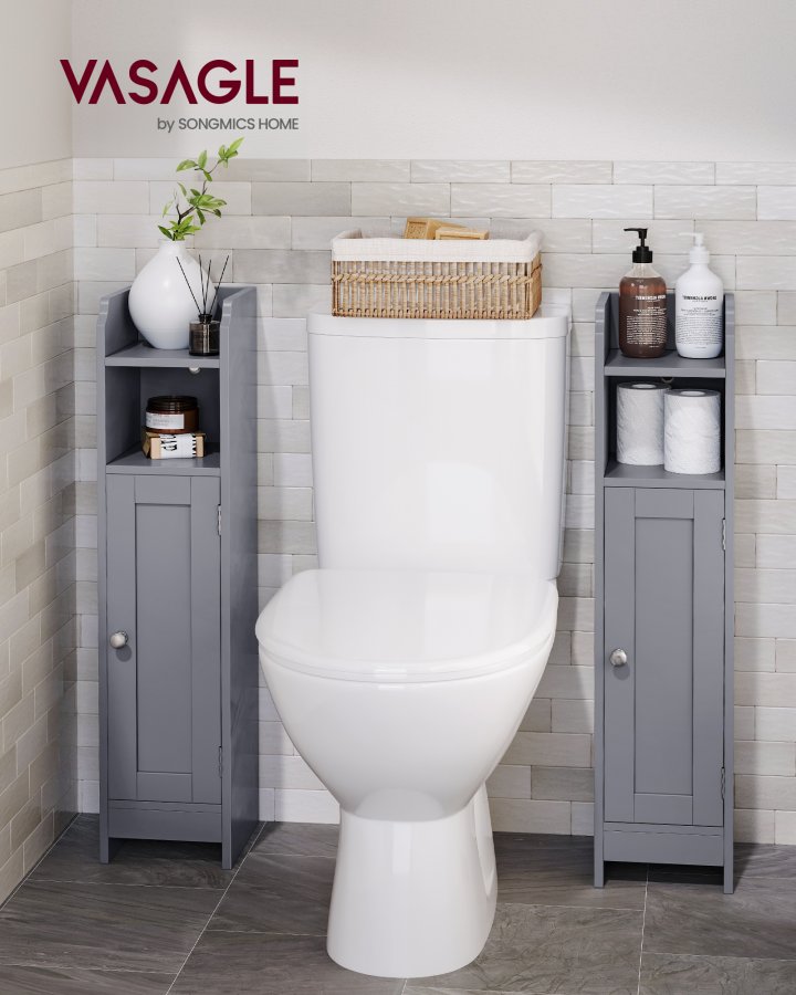 VASAGLE Slankt badev�relsesgulvskab med d�r og hylder, fritst�ende badev�relsesopbevaringsenhed, smalt badev�relsesskab med toiletpapiropbevaring, justerbare hylder, duegr� BBC310P36