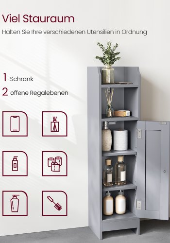 VASAGLE Slankt badev�relsesgulvskab med d�r og hylder, fritst�ende badev�relsesopbevaringsenhed, smalt badev�relsesskab med toiletpapiropbevaring, justerbare hylder, duegr� BBC310P36