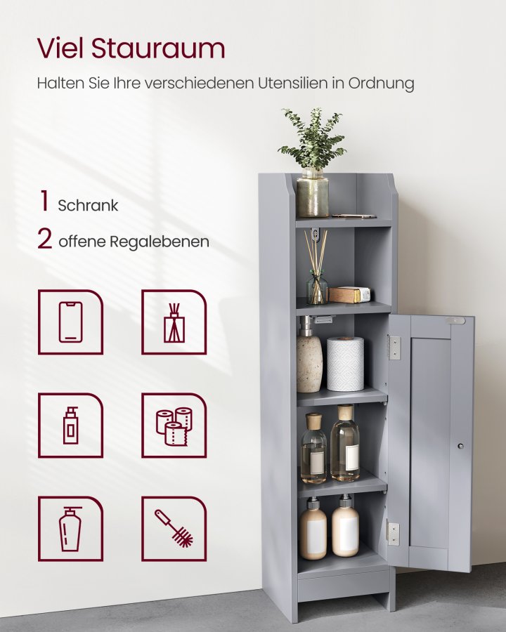 VASAGLE Slankt badev�relsesgulvskab med d�r og hylder, fritst�ende badev�relsesopbevaringsenhed, smalt badev�relsesskab med toiletpapiropbevaring, justerbare hylder, duegr� BBC310P36