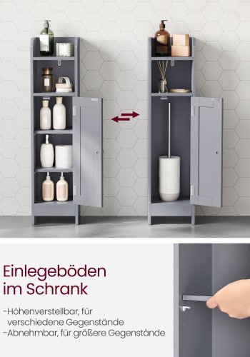 VASAGLE Slankt badev�relsesgulvskab med d�r og hylder, fritst�ende badev�relsesopbevaringsenhed, smalt badev�relsesskab med toiletpapiropbevaring, justerbare hylder, duegr� BBC310P36