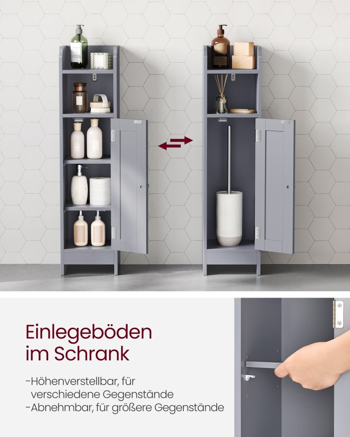 VASAGLE Slankt badev�relsesgulvskab med d�r og hylder, fritst�ende badev�relsesopbevaringsenhed, smalt badev�relsesskab med toiletpapiropbevaring, justerbare hylder, duegr� BBC310P36