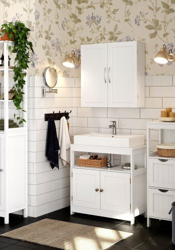 VASAGLE BBC320W01 badev�relsesv�gskab, m. 2 l�ger og 2 hylder - mat hvid MDF
