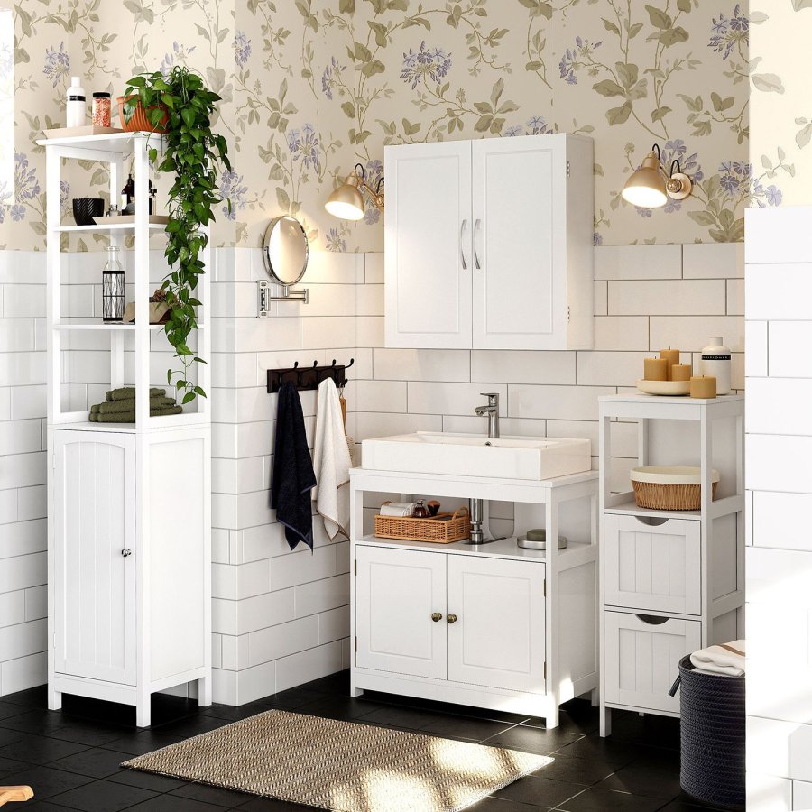 VASAGLE BBC320W01 badev�relsesv�gskab, m. 2 l�ger og 2 hylder - mat hvid MDF