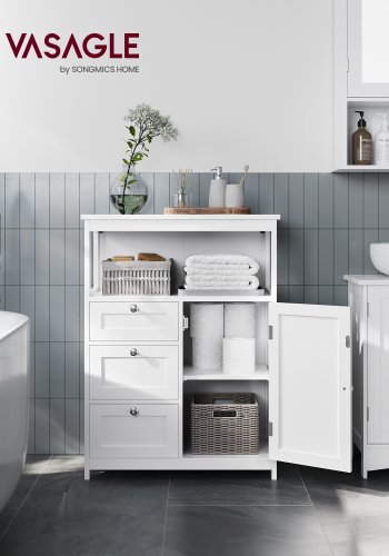 Frist�ende golvsk�p med justerbar hylla, badrumssk�p med 3 l�dor, f�r hemmet, vit