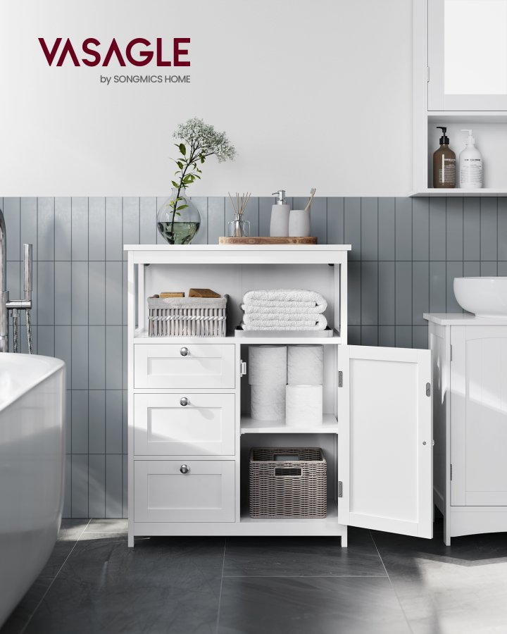 Fritst�ende gulvopbevaringsm�bel med justerbar hylde, badev�relsesskab med 3 skuffer, til hjemmet, hvid