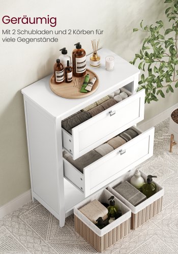 VASAGLE Badrumssk�p, F�rvaringssk�p, 2 l�dor med 1 upps�ttning justerbara avdelare, 2 korgar, Sidobr�da, 30 x 60 x 80 cm, Molnvit BBC545W02