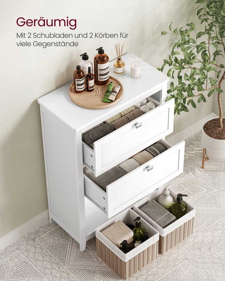 VASAGLE Badev�relsesskab, Opbevaringsskab, 2 skuffer med 1 s�t justerbare rumdelere, 2 kurve, Sidebr�t, 30 x 60 x 80 cm, Cloud White BBC545W02
