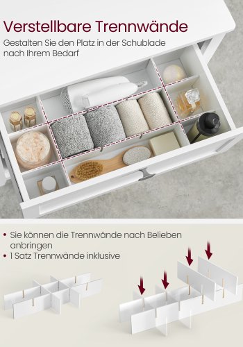 VASAGLE Badev�relsesskab, Opbevaringsskab, 2 skuffer med 1 s�t justerbare rumdelere, 2 kurve, Sidebr�t, 30 x 60 x 80 cm, Cloud White BBC545W02