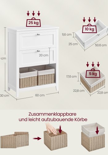 VASAGLE Badev�relsesskab, Opbevaringsskab, 2 skuffer med 1 s�t justerbare rumdelere, 2 kurve, Sidebr�t, 30 x 60 x 80 cm, Cloud White BBC545W02