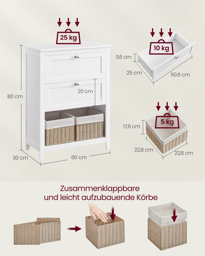 VASAGLE Badev�relsesskab, Opbevaringsskab, 2 skuffer med 1 s�t justerbare rumdelere, 2 kurve, Sidebr�t, 30 x 60 x 80 cm, Cloud White BBC545W02