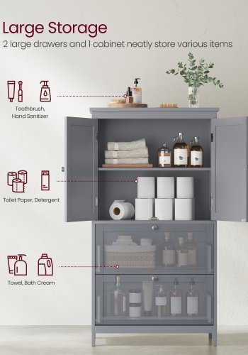 VASAGLE Golvsk�p med f�rvaring, Frist�ende f�rvaringsenhet med 2 l�dor och 2 d�rrar, Justerbart hyllplan, 28 x 51 x 102 cm, F�r hall, badrum, Duvgr� UBBC551G02
