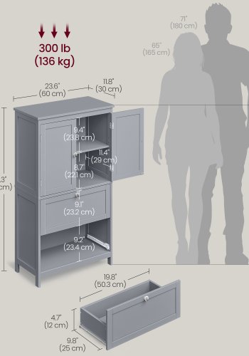 VASAGLE Gulvskab med Opbevaring, Fritst�ende Opbevaringsm�bel med 2 Skuffer og 2 D�re, Justerbar Hylde, 28 x 51 x 102 cm, Til Entre, Badev�relse, Duegr� UBBC551G02