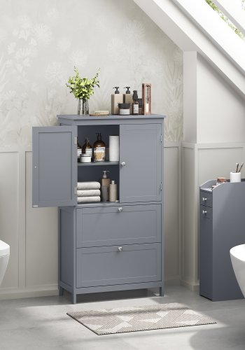 VASAGLE Gulvskab med Opbevaring, Fritst�ende Opbevaringsm�bel med 2 Skuffer og 2 D�re, Justerbar Hylde, 28 x 51 x 102 cm, Til Entre, Badev�relse, Duegr� UBBC551G02