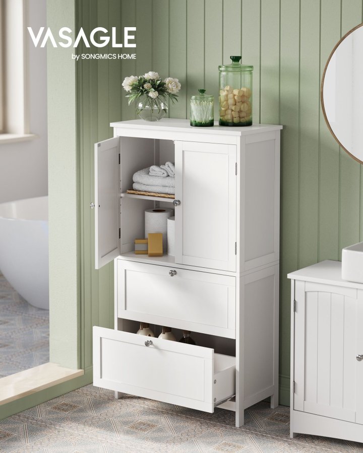 VASAGLE Badev�relsesskab med opbevaring, Fritst�ende badev�relsesskab med 2 skuffer og 2 d�re, justerbar hylde, 28 x 51 x 102 cm, hvid BBC551P31