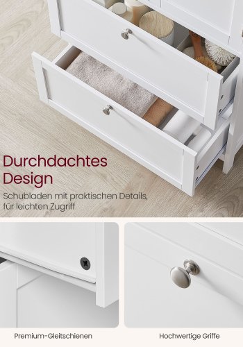 VASAGLE Badev�relsesskab med opbevaring, Fritst�ende badev�relsesskab med 2 skuffer og 2 d�re, justerbar hylde, 28 x 51 x 102 cm, hvid BBC551P31
