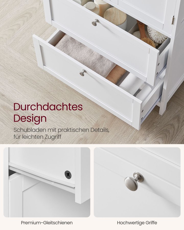 VASAGLE Badev�relsesskab med opbevaring, Fritst�ende badev�relsesskab med 2 skuffer og 2 d�re, justerbar hylde, 28 x 51 x 102 cm, hvid BBC551P31