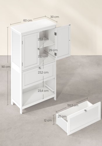 VASAGLE Badev�relsesskab med opbevaring, Fritst�ende badev�relsesskab med 2 skuffer og 2 d�re, justerbar hylde, 28 x 51 x 102 cm, hvid BBC551P31