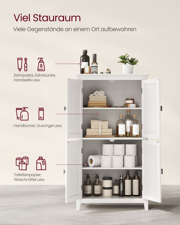 VASAGLE Badev�relsesgulvskab, Badev�relsesopbevaringsenhed, Fritst�ende Skab med 4 D�re, Justerbare Hylder, 28 x 51 x 102 cm, Hvid UBBC552P31