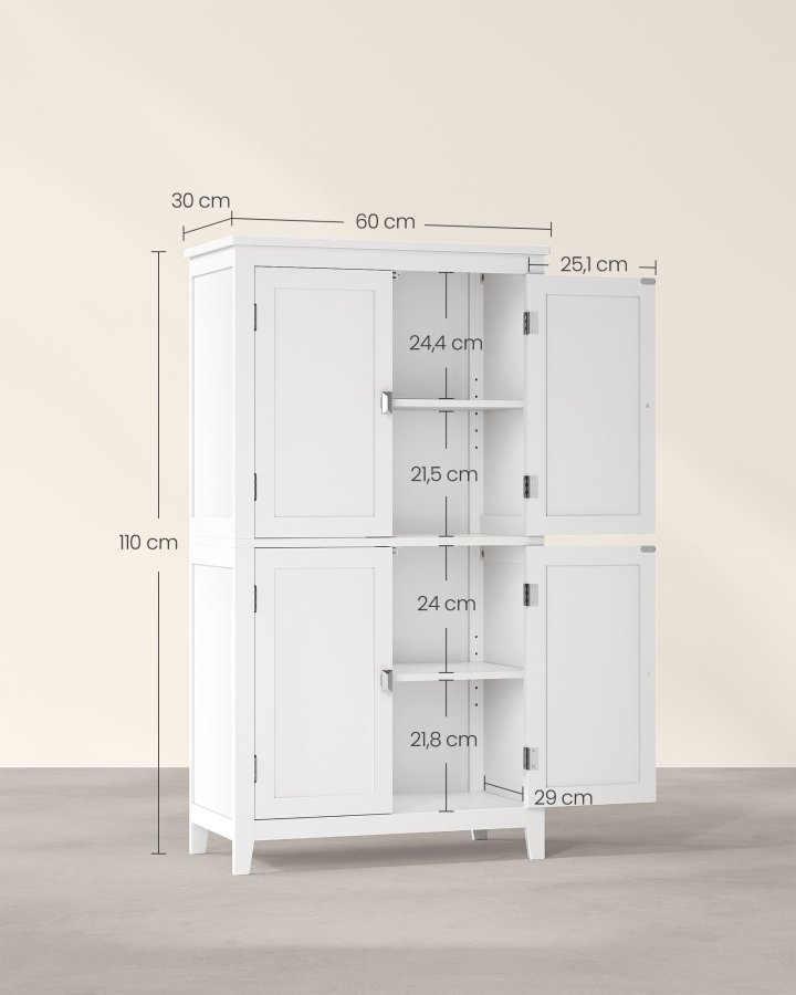 VASAGLE Badev�relsesgulvskab, Badev�relsesopbevaringsenhed, Fritst�ende Skab med 4 D�re, Justerbare Hylder, 28 x 51 x 102 cm, Hvid UBBC552P31