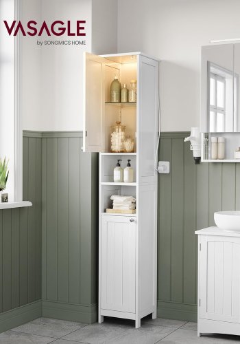 VASAGLE Hoher und schlanker, leichter Badezimmerschrank mit verstellbaren Einlegeb�den, offenen F�chern, f�r kleine R�ume, modern, Cloud White BBC566W03