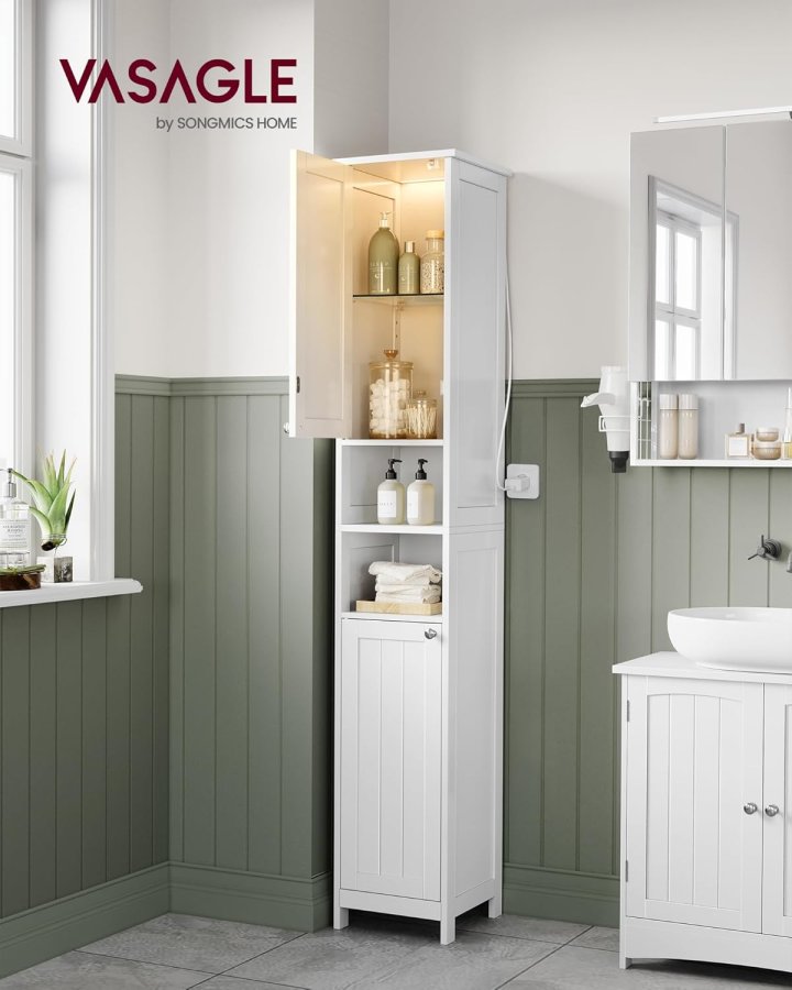 VASAGLE H�jt og slankt let badev�relsesskab med justerbare hylder, �bne rum, til sm� rum, moderne, Cloud White BBC566W03
