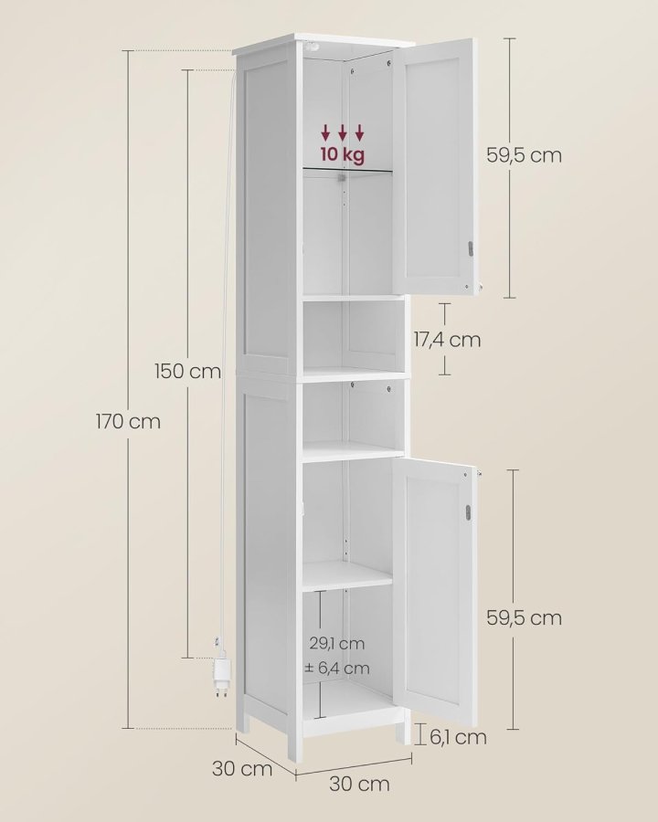 VASAGLE H�jt og slankt let badev�relsesskab med justerbare hylder, �bne rum, til sm� rum, moderne, Cloud White BBC566W03
