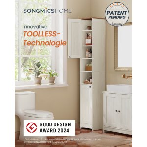 SONGMICS HOME BBC667WJ01 Badev�relsesskab, V�rkt�jsfri Teknologi, Super Hurtig V�rkt�jsfri Samling, Smalt Badev�relsesskab, Justerbare Hylder, Stue, Entr&eacute;, 30 x 30 x 170 cm, Vintage Hvid
