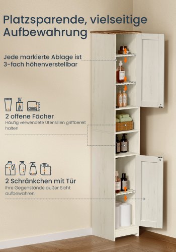 SONGMICS HOME BBC667WJ01 Badev�relsesskab, V�rkt�jsfri Teknologi, Super Hurtig V�rkt�jsfri Samling, Smalt Badev�relsesskab, Justerbare Hylder, Stue, Entr&eacute;, 30 x 30 x 170 cm, Vintage Hvid