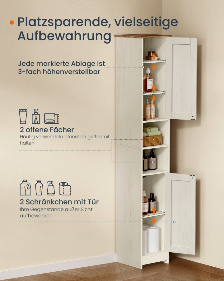 SONGMICS HOME BBC667WJ01 Badev�relsesskab, V�rkt�jsfri Teknologi, Super Hurtig V�rkt�jsfri Samling, Smalt Badev�relsesskab, Justerbare Hylder, Stue, Entr&eacute;, 30 x 30 x 170 cm, Vintage Hvid