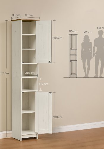 SONGMICS HOME BBC667WJ01 Badev�relsesskab, V�rkt�jsfri Teknologi, Super Hurtig V�rkt�jsfri Samling, Smalt Badev�relsesskab, Justerbare Hylder, Stue, Entr&eacute;, 30 x 30 x 170 cm, Vintage Hvid