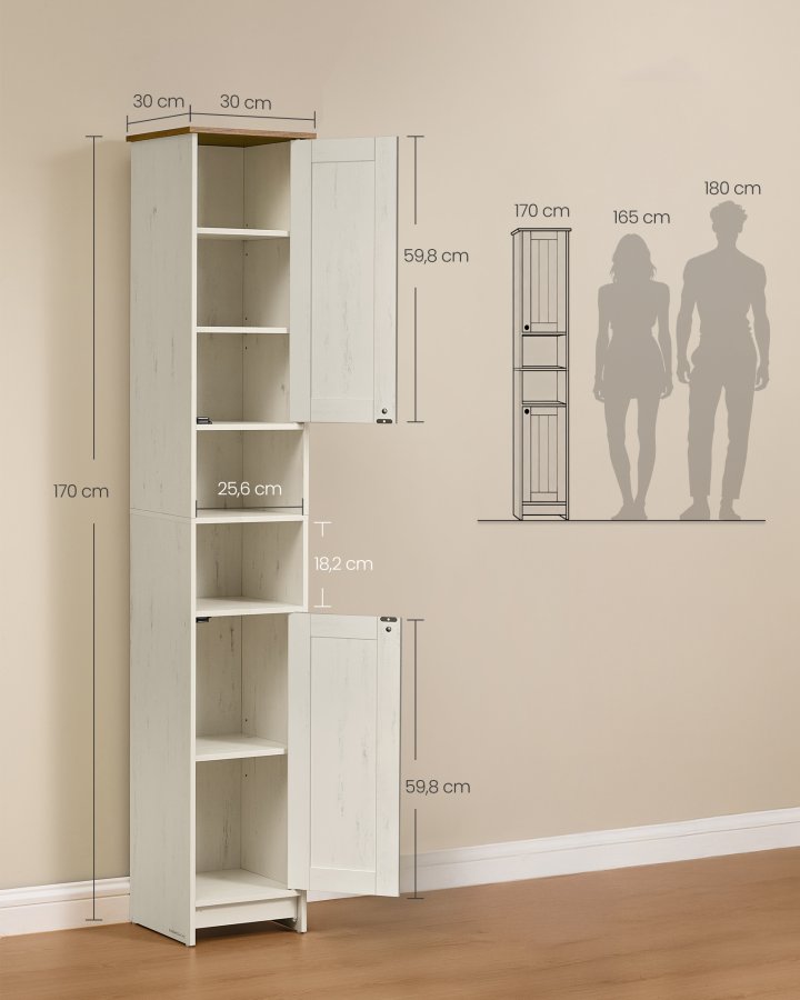SONGMICS HOME BBC667WJ01 Badev�relsesskab, V�rkt�jsfri Teknologi, Super Hurtig V�rkt�jsfri Samling, Smalt Badev�relsesskab, Justerbare Hylder, Stue, Entr&eacute;, 30 x 30 x 170 cm, Vintage Hvid