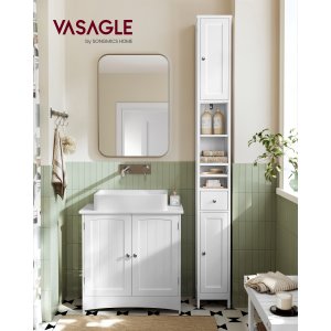 VASAGLE H�jt badev�relsesskab, Slankt badev�relsesopbevaringsskab, Fritst�ende smal opbevaringsenhed med justerbare hylder, Skuffe, �bne rum, Til Sm� Rum, Moderne, Cloud White BBC765W01